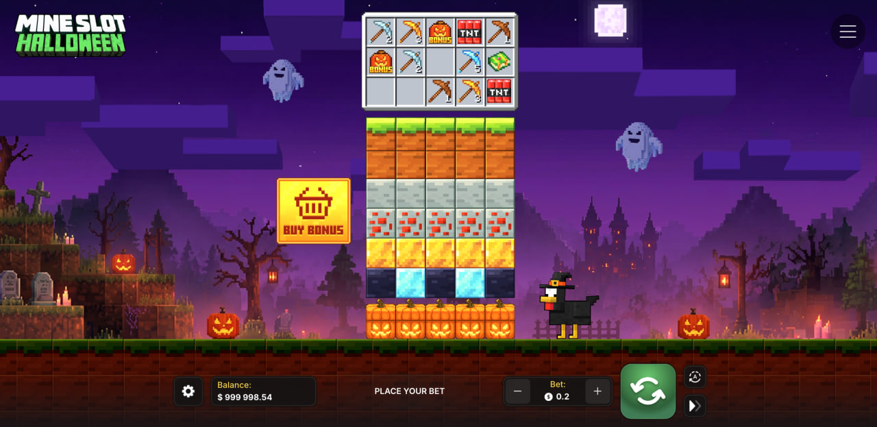 Mine Slot Halloween demo, δωρεάν παιχνίδι καζίνο σε κριτική: στήλες με blocks και κουμπί Buy Bonus