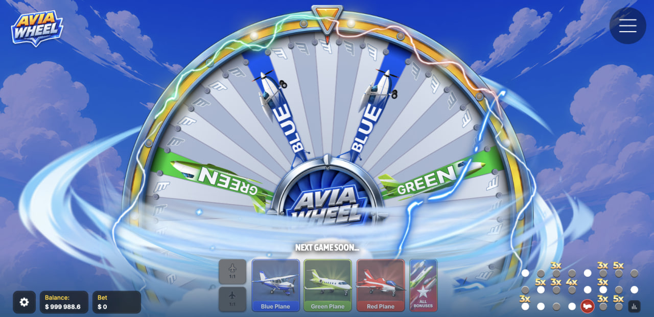 Avia Wheel κριτική demo καζίνο παιχνίδι: περιστρεφόμενος τροχός με κάρτες Blue Plane, Green Plane και Red Plane